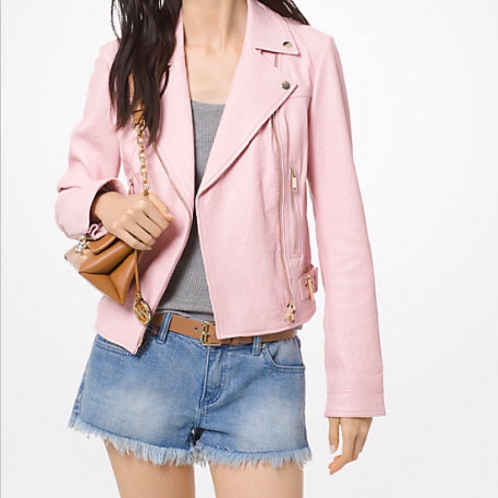 Michael Kors crinkled pink leather moto jacket